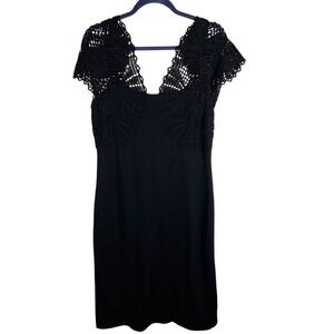 St John Evening Black Crochet Lace Cap Sleeve Sheath Midi Dress Size 10 designer